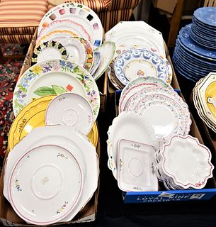 Four Tray Lots of French Faience Atelier de Segries Plates and Chargers, to include three yellow plates, several plates having leaf motif to the rims,