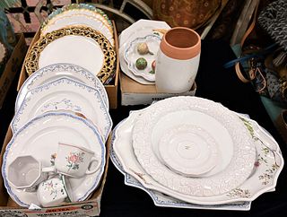 Group Lot of French Faience Atelier de Segries Plates, Chargers, Cups and Serving Trays, to include trompe l'oeil plates, several chargers, a compote,