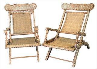 Pair of Moroccan Mother of Pearl Inlaid Folding Chairs, having woven seats and backs, height 32 inches, width 21 inches.