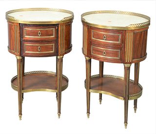 Pair of Louis XVI Style Oval Stands, having white marble tops over two drawers each, height 29 inches, top 15" x 18 1/4".
