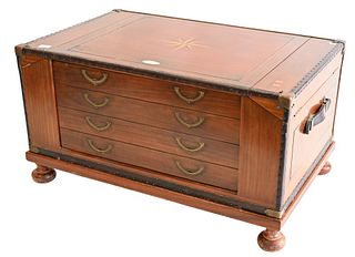 Starbay Mobilier De Marine Campaign Sea Captain's Liquor Chest, having two opening sides, one large drawer on base and top with compass star inlay, he