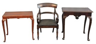 Three Piece Lot, to include an Empire armchair, an 18th century Queen Anne table (most original), along with a Queen Anne Style tea table, height 30 i
