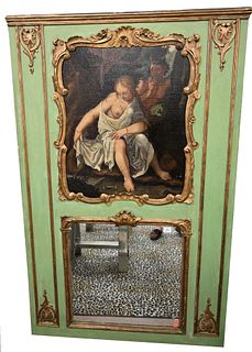 French Painted Trumeau Mirror, having oil on canvas depicting man and woman in forest over new mirror, height 73 inches, width 46 inches.
