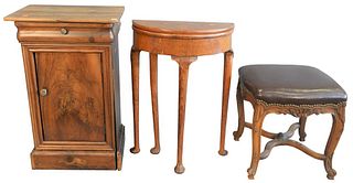 Three Piece Lot, to include diminutive oak demilune game table, a Louis XV style stool with leather top along with a continental stand having one draw