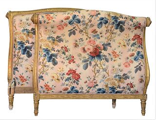 Full Sized Gilt French Bed, having floral upholstered headboard and footboard, height 52 inches, width 57 inches.