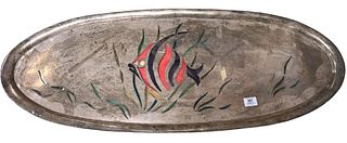 Los Castillos Taxco Sterling Silver Tray, having lacquer inlay creating a fish and seaweed scene (as is), length 42 inches, 179.5 t.oz total weight in