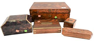 Five Piece Lot, to include brass inlaid lapdesk, along with four small brass inlaid boxes, lapdesk height 5 inches, width 14 inches.