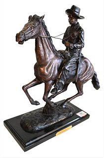 After Frederic Remington (American, 1861 - 1909), "Trooper of the Plains", bronze with brown patina, inscribed "Frederic Remington" on the base, overa