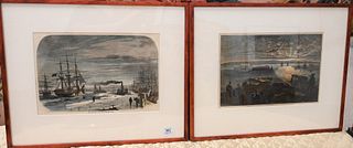 Three Piece Group of Framed Prints, to include "View From Fort Hamilton, New York Harbor, The Sunset Gun" after Charles Graham, lithograph with hand c