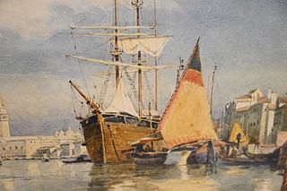 Clara Montalba (British, 1842 - 1929), Scene of Venice, 1883, watercolor on paper, sight size 13 1/4" x 25".