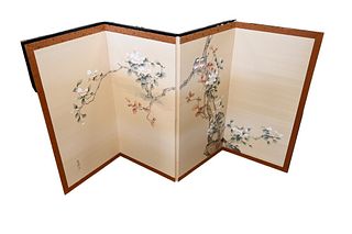 Group of Three Oriental Four Fold Screens, painted on silk, length 60 inches.