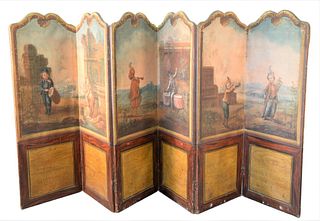 Six Fold Continental Canvas Dressing Screen, tops depicting children playing instruments, height 68 inches, width 12 feet.