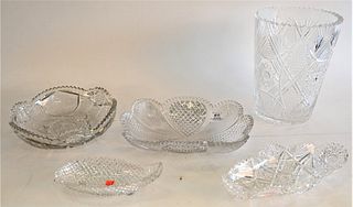 Five Piece Lot of Cut Glass, to include a large vase, an ice cream bowl, a dish having sunflower motif, along with two dishes, height of vase 10 1/2 i
