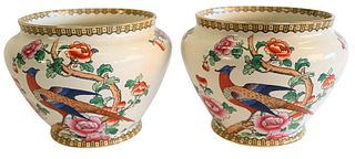 Pair of Whieldon Ware F. Winkle & Company Cache Pots, having pheasant and floral motifs, height 8 inches, diameter 8 1/4 inches. Provenance: Lenox Cou