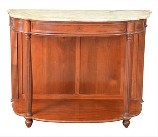 Pair of Mahogany Hall Tables, having shaped marble tops, 19th century, height 37 inches, width 49 inches, depth 19 inches, (back corner of marble repa