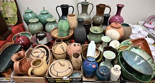Large Group Lot of Glazed Pottery, to include several vases, three pairs of lidded urns, compotes, brown glazed creams, several teapots, a small dish 