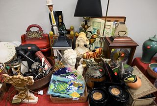 Large Group Lot of Decorative Items, to include several table lamps, a small composite bust, a carved wooden elephant, alabaster bust, two trays of en
