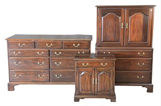Henkel Harris Mahogany Three Piece Set, to include tall chest, double chest, along with a night table, finish is commensurate with age, height 55 1/2 