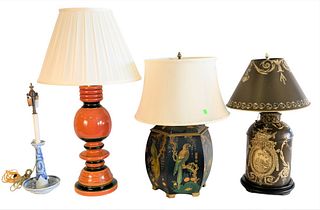 Four Piece Lot of Table Lamps, to include a Chinese style painted metal table lamp having bird motif on each panel, a brown metal table lamp having wh