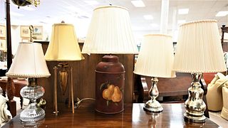 Six Piece Lot of Table Lamps, to include a pair of red lamps having fruit and bees, two silvered two light table lamps, a glass vase table lamp, along