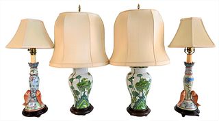 Two Pairs of Asian Style Table Lamps, to include a pair having koi fish forms mounted to the shaft, along with a pair having green and blue foliate mo