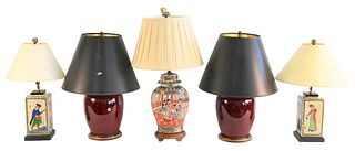 Five Piece Lot of Chinese Table Lamps, to include a pair of oxblood vases, a pair of square vases, each panel having figural and foliate motif, along 