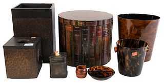 Eight Piece Lot, to include a Maitland Smith covered box with book spine motif, a glass faux tortoise shell basket and soap dish, matching Chinese the