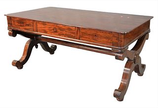 Empire Style Mahogany Writing Table, having three drawers, height 30 inches, top 35" x 63", (one chip to top 1" x 2").