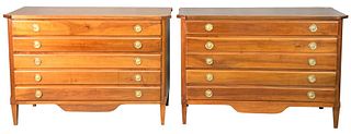 Pair of Five Drawer Mahogany Dressers, having tapered legs and brass drawer pulls, height 37 inches, width 53 inches, depth 22 1/2 inches.