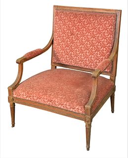 Louis XVI Style Upholstered Armchair, height 38 1/2 inches, width 31 inches.