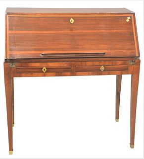 French Mahogany Slant Lid Desk, having drop front opening to fitted interior over two drawers, height 41 inches, width 38 1/2 inches, depth 20 inches.