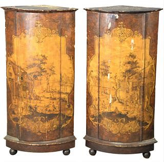 Pair of Continental Painted Corner Cabinets, exterior depicting village scene, interior having three shelves, height 40 inches, width 20 inches, depth