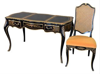 Two Piece Drexel Louis XV Style Writing Desk, having three panel leather top along with a caned back chair, height 29 inches, top 27" x 53".