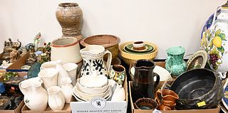 Large Group of Pottery and Stoneware, to include brownware, redware, several pieces of white glazed items having leaf motif to the center, stoneware j