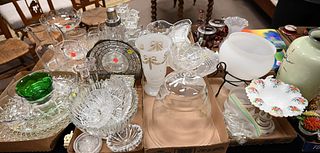 Eight Tray Lots of Glass, to include a cut glass bowl, a Steuben bowl (chipped), an antique etched compote, three decanters, a pressed glass charger, 