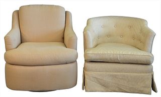 Two Upholstered Club Chairs, one having tufted back and castors, along with a Mason Art club chair having a swivel base.