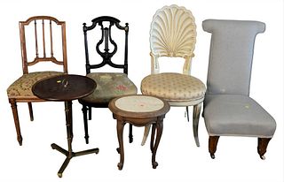 Seven Piece Lot of Furniture, to include four chairs, one having shell form back, one having needlepoint seat, one having light blue upholstery and th