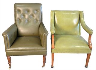 Two Green Leather Armchairs, each having brass tacks, one having tufted back and ending in castors.