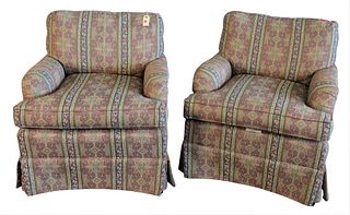 Pair Milan Lounge Chairs by Fairfield Chair Company, in custom upholstery, height 31 inches, width 28 1/2 inches.
