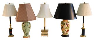 Five Piece Lot of Table Lamps, to include a pair of contemporary black and gold cylindrical lamps, a two light lamp raised on a square brass base, a p