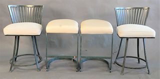 Two Pairs of Green Metal Barstools, to include a pair having beige leather upholstery along with a pair having swivel seats, seat heights 25 1/2 inche