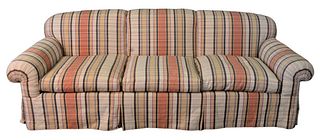 Large Custom Three Cushion Sofa, having red striped upholstery, length 89 inches.