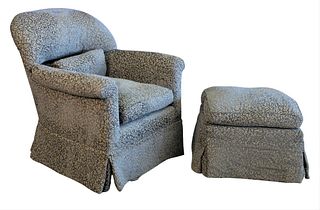 Custom Blue Upholstered Arm Chair and Matching Ottoman, height 34 1/2 inches, width 33 inches.