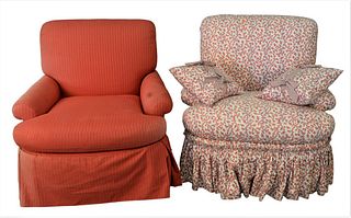 Two Custom Upholstered Arm Chairs, one in red upholstery with sun fading, the other in pink foliate upholstery having ripped arm.