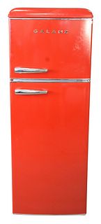 Red Galanz Refrigerator/Freezer, 2019, height 58 1/2 inches, width 21 1/2 inches, depth 21 inches.