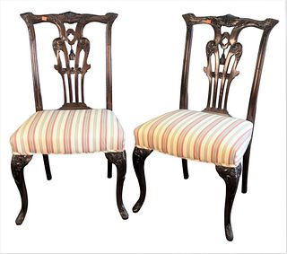 Set of 10 Louis XV Style Dining Chairs, having striped upholstered seats over cabriole legs, seat height 17 1/2 inches.