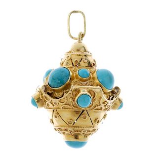 A turquoise charm. The circular turquoise cabochon collets, to the pierced and cannetille mount. Len