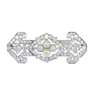 A mid 20th century cultured pearl and diamond brooch. Of geometric designed, the cultured pearl and