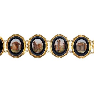 A late 19th century micro mosaic bracelet. Designed as a series of oval-shape panels, depicting a Ro