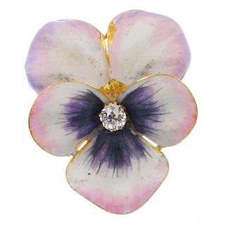 An early 20th century 18ct gold diamond and enamel viola brooch. The old-cut diamond, within a white